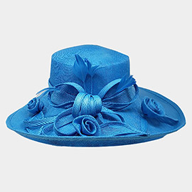 Flower Ribbon Feather Accented Sinamay Dressy Hat