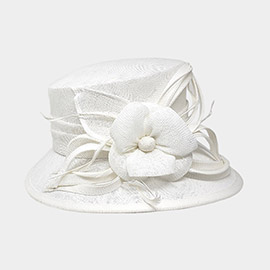 Flower Ribbon Feather Accented Sinamay Dressy Hat