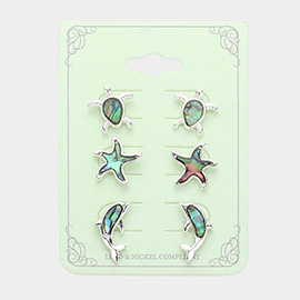 3PAIRS - Abalone Sea Turtle Starfish Dolphin Stud Earrings Set
