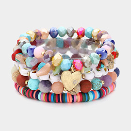5PCS - Metal Heart Charm Pointed Natural Stone Heishi Beads Faceted Beads Heart Pointed Beads Stretch Multi Layered Bracelets