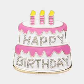 Stone Paved HAPPY BIRTHDAY Message Pointed Enamel Birthday Cake Pin Brooch