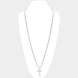 14K Gold Plated Two Tone Stone Paved Cross Pendant Long Necklace