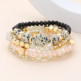 4PCS - Natural Stone Pointed Faceted Beads Metal Ball Beaded Stretch Multi Layered Bracelets