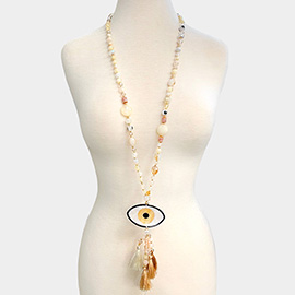 Celluloid Acetate Evil Eye Accented Tassel Beaded Long Necklace