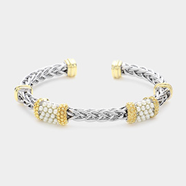Pearl Pointed Two Tone Textured Braided Metal Cuff Bracelet