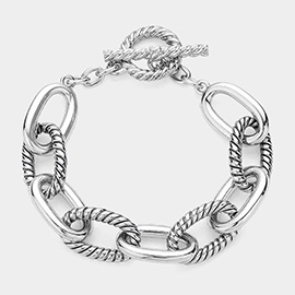 Two Tone Textured Metal Cable Link Toggle Bracelet