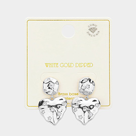 White Gold Dipped CZ Stone Paved Crinkle Heart Dangle Earrings