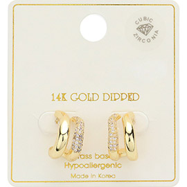 14K Gold Dipped CZ Stone Paved Twin Curved Mini Hoop Earrings