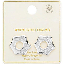 White Gold Dipped CZ Paved Octagon Stud Earrings