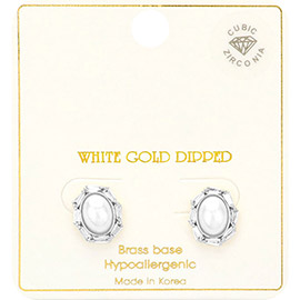 White Gold Dipped CZ Stone Paved Oval Pearl Stud Earrings