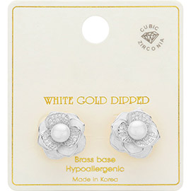 White Gold Dipped CZ Stone Paved Peony Pearl Stud Earrings