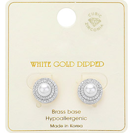White Gold Dipped CZ Stone Paved Double Rim Radiant Pearl Stud Earrings