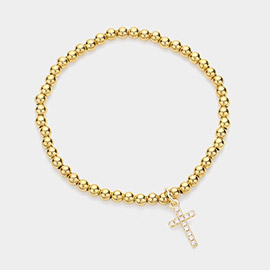 Stone Paved Cross Charm Stainless Steel Bubble Stretch Bracelet