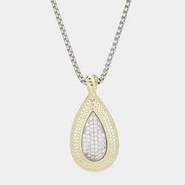 14K Gold Plated CZ Stone Paved Two Tone Teardrop Pendant Long Necklace