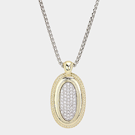 14K Gold Plated CZ Stone Paved Two Tone Oval Pendant Long Necklace