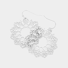 Brushed Metal Filigree Geometric Flower Dangle Earrings