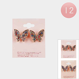 12Pairs - Colorful Stone Paved Butterfly Stud Earrings