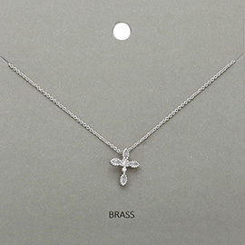 Stone Paved Brass Metal Cross Pendant Necklace