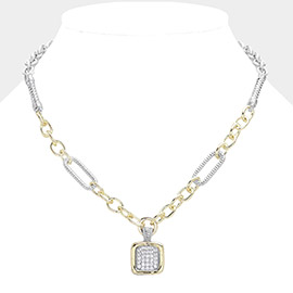 14K Gold Plated CZ Stone Paved Square Pendant Necklace