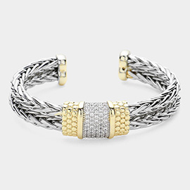 14K Gold Plated Two Tone CZ Stone Paved Pointed Metal Braided Cuff Bracelet