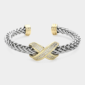 14K Gold Plated Two Tone CZ Stone Paved Crisscross Pointed Metal Braided Cuff Bracelet