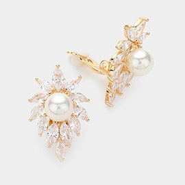 CZ Marquise Stone Cluster Around Pearl Clip On Earrings