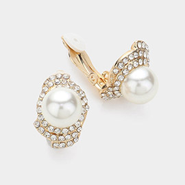 Rhinestone Paved Pearl Centered Clip On Earrings