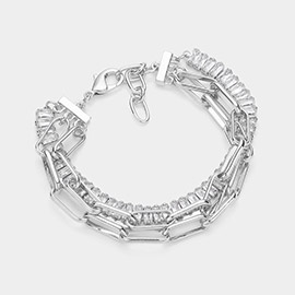 Baguette Stone Cluster Link Metal Paper Clip Chain Layered Bracelet