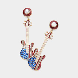 Enamel Glitter American USA Flag Themed Pearl Pointed Guitar Dangle Earrings