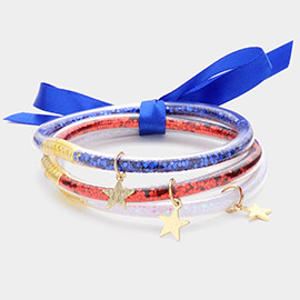 3PCS - Star Charm Accented American USA Glitter Jelly Tube Bangle Bracelet