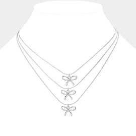 Metal Bow Pendant Accented Triple Layered Necklace