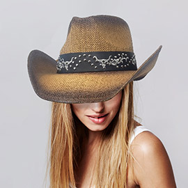Western Metal Steel Head Studded Genuine Leather Band Straw Cowboy Hat