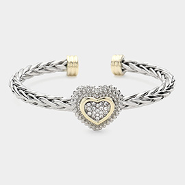 Stone Paved Heart Pointed Two Tone Braided Metal Cuff Bracelet