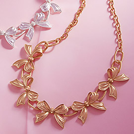 Pearl Pointed Metal Bow Link Necklace