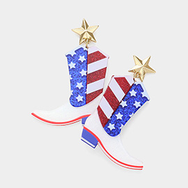 Glittered Resin American USA Flag Cowboy Boots Dangle Earrings