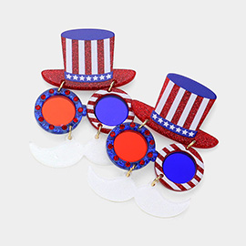 Glittered Resin American USA Flag Hat Sunglasses Dangle Earrings