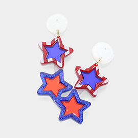 Glittered Resin American USA Flag Double Star Dropdown Earrings