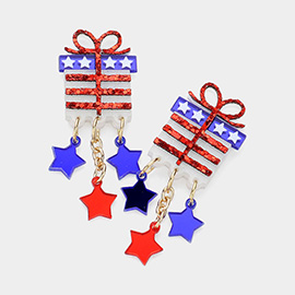 Glittered Resin American USA Flag Gift Box Dangle Earrings