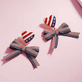American USA Flag Bow Dangle Heart Earrings