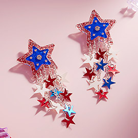 American USA Flag Glittered Resin Star Fringe Earrings