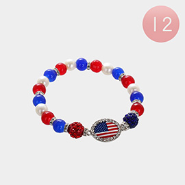 12PCS - American USA Flag Pointed Shamballa Ball Stretch Bracelets