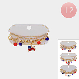 12PCS - Enamel American USA Flag Charm Pointed Faceted Beads Station Chain Layered Bracelets