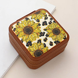 Sunflower Printed Faux Leather Portable Square Jewelry Box