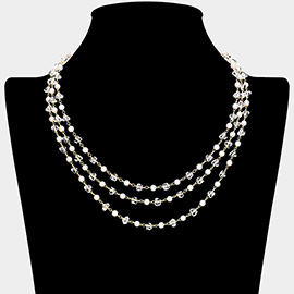 Pearl Faceted Bead Station Triple Layered Necklace
