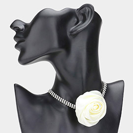 Fabric Flower 3-Row Rhinestone Choker Necklace