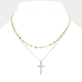 Stone Paved Cross Pendant Pointed Pearl Metal Disc Station Layered Necklace