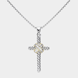 14K Gold Plated CZ Stone Paved Twisted Rope Metal Cross Pendant Necklace