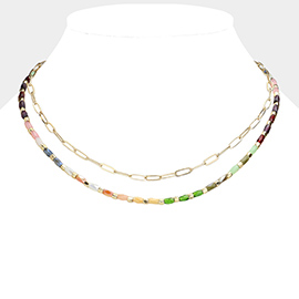 Beaded Open Metal Oval Link Double Layered Necklace