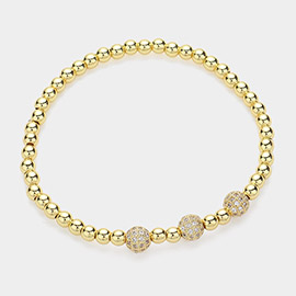 Stainless Steel Stone Paved Triple Shamballa Ball Pointed Stretch Bracelet