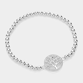 Stainless Steel Stone Paved Tree of Life Pointed Stretch Bracelet